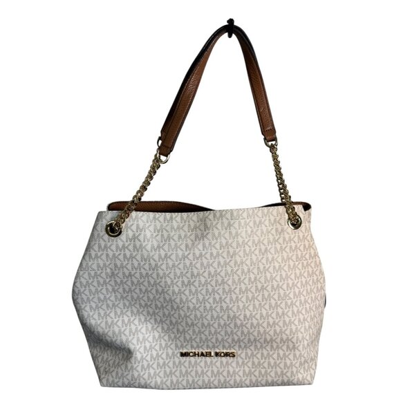 Michael Kors White Monogram Canvas Chain Tote Bag With Gold Accents - Picture 2 of 13